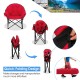 Red folding camping moon chair with padded seat and carrying bag, featuring quick-folding design for easy transport and.