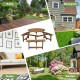 Round wooden picnic table with umbrella hole and three built-in benches, perfect for outdoor patio and garden.