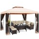 10 x 10 feet 2-tier vented metal canopy with mosquito netting, featuring a rust-resistant frame for outdoor events.
