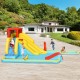 Inflatable dual slide water park bounce house with climbing wall, pool, and basketball hoop for outdoor fun.