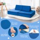 Convertible blue kids couch set with two folding mats and pillows, featuring removable suede cover and portable handle.