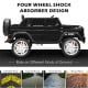 Black 12V licensed Mercedes-Benz kids ride-on car with shock absorbers, suitable for various ground types.