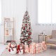 Snow flocked 6 feet pre-lit pencil Christmas tree with 250 LED lights, perfect for limited spaces and festive decor.