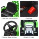 Wide seat with safety belt and foot pedal of the green 12V ride-on tractor for kids, featuring bright LED lights.