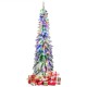 Snow-flocked 5 ft pre-lit artificial Christmas tree with LED lights and presents, perfect for holiday decor in small.