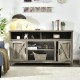59-inch farmhouse TV stand in natural finish with barn doors, open shelves, and ample storage for living room use.