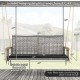 2-person patio wicker hanging swing chair in black with acacia wood armrests, suitable for backyard or garden use.