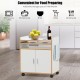 Rolling kitchen island on wheels with removable shelf and towel rack, made of engineered wood for extra storage space.