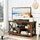 Brown modern farmhouse TV stand featuring a wide tabletop for TVs up to 55 inches and an X-style design for added.