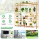 9-tier bamboo plant stand with hanging rack, featuring sturdy construction and ample storage for indoor and outdoor.