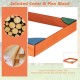 Close-up of the kids outdoor wooden sandbox made from cedar and pine wood, featuring smooth surfaces and colorful.