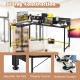 L-shaped black computer desk with bookshelf, featuring adjustable foot pads and sturdy powder-coated steel frame for.