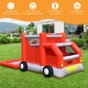 Fire truck-themed inflatable bounce house with slide and water spray, perfect for backyard fun for up to 3 kids.