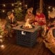 Square propane fire pit table with lava rocks, perfect for outdoor gatherings on patio or garden.