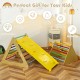3-in-1 wooden climbing toy set featuring two triangle climbers and a yellow ramp, ideal for kids' motor skill.