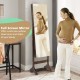 Standing jewelry cabinet with full-length mirror in brown, featuring adjustable tilt, lockable door, and ample storage.