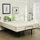 Adjustable queen size bed base frame in a minimalist bedroom setting, showcasing heavy-duty steel and wireless remote.