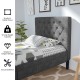 Upholstered bed base with button-stitched headboard, sturdy steel frame, and 10 solid wood slats for enhanced support.