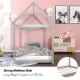 Gray kids platform floor bed with roof and strong mattress slats, supporting up to 300 lbs for stability and durability.