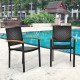 Set of 4 outdoor patio wicker dining chairs with ergonomic armrests, featuring a powder-coated steel frame by the pool.