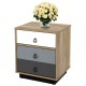 Wooden nightstand with three drawers and a cabinet, featuring a stylish industrial design for bedroom or living room.