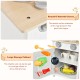 Wooden pretend play kitchen set for kids featuring a large storage cabinet and round smooth corners for safety.