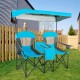 Double portable folding camping chairs in blue with detachable canopy and cup holders, perfect for outdoor relaxation.
