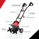 14-inch electric tiller with 10-amp motor, four blades, and foldable design for easy garden cultivation and transport.