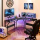 L-shaped black computer desk with monitor stand, ideal for dual setups, ergonomic design, and space-saving features.