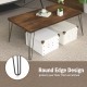 Wooden rectangular coffee table with metal legs, 43.5" x 23.5", featuring round edge design to protect floors.