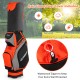 10.5-inch orange golf stand bag with 14 dividers and 7 zippered pockets, featuring a rain hood for protection.