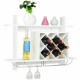 Wall mount wine rack organizer with glass holder, storing six bottles, made of MDF and stainless steel for stylish home.