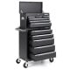 5-drawer black tool storage cabinet with central locking, ball-bearing slides, and swivel wheels for garage or workshop.