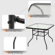 Square 32-inch patio table with tempered glass top, black steel frame, and sturdy curved legs for outdoor dining.