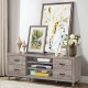 Retro wooden TV stand featuring 3 open shelves and 4 drawers, designed for flat screen TVs up to 65", enhancing living.