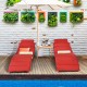 Wooden folding patio lounge chair and table set with soft cushions, ideal for poolside relaxation and easy storage.