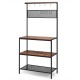 4-tier kitchen rack stand featuring 3 wooden shelves, a mesh panel, and 11 hooks for versatile storage and organization.