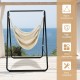 Hanging padded hammock chair with stand in beige, featuring sturdy steel construction for indoor and outdoor use.
