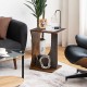 C-shape rustic brown side table with natural wood grain, featuring two tiers for storage, perfect for living room use.
