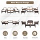 7-piece patio rattan furniture set arranged in multiple configurations, featuring cushioned seating and sturdy steel.