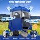 Double-room camping toilet tent in blue with mesh design for ventilation, waterproof fabric, and portable storage bag.