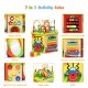 Colorful 7-in-1 wooden activity cube toy featuring a bead maze, xylophone, shape sorter, and slide for early learning.