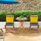 Folding wooden bistro set with navy cushioned chairs and round table, perfect for outdoor relaxation and dining.