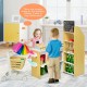Kids wooden grocery store playset with checkout counter and shopping cart for imaginative supermarket fun.