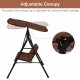 Adjustable canopy on the cushioned loveseat swing glider with a sturdy black steel frame for outdoor relaxation.