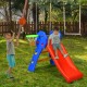 Kids playing with a 2-step plastic slide and basketball hoop in a backyard, promoting active play and motor skills.