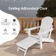 Folding Adirondack chair in white with retractable ottoman, made of weather-resistant HDPE for backyard relaxation.