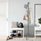 Adjustable gray wooden coat rack with 8 hooks and tri-legged base, perfect for organizing clothes and accessories in.