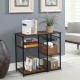 Industrial kitchen baker's rack with vintage wood texture, multiple shelves, and adjustable feet for versatile storage.