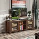 Walnut TV stand with tempered glass doors, featuring 2-tier shelves and storage cabinets, perfect for living room decor.